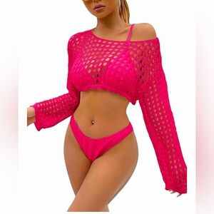 NWOT - Neon Hot Pink; Hollow Out Crochet Long Sleeve Bikini Cover Up; Crop Top